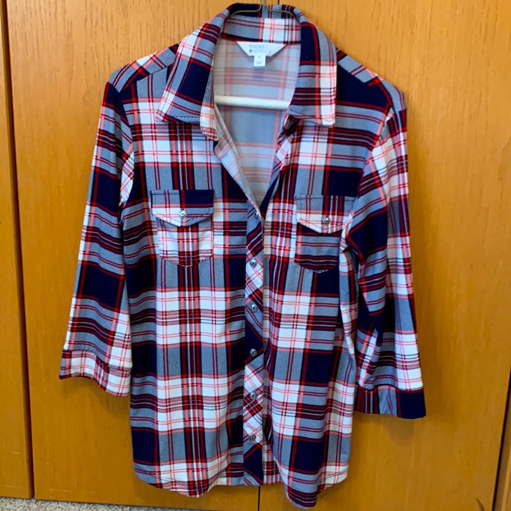 Market & Spruce 3/4-Sleeve Buttondown Plaid Shirt